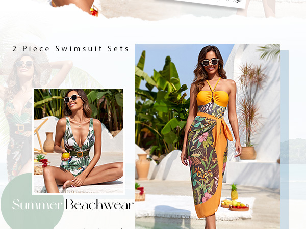 Women''s Swimming Suit Floral Print Swimsuit and Skirt Beach Cover Up Sarong Bathing Suit