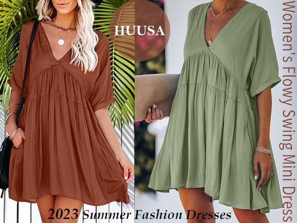 HUUSA Womens Summer wrap v neck short batwing sleeve Ruffle Cute Babydoll Swing Flowy Tunic Dress