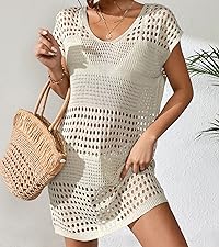 Hollow Out Knitted Cover Up Dress V Neck Short Sleeve Coverup