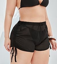 women plus size sheer mesh cover up swim shorts drawstring coverup beach shorts 2024 vacation