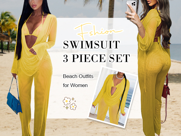 yellow 3 pieces cover up sets