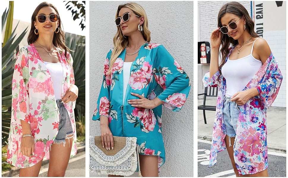 Women Sheer Kimono Vintage Floral Beach Wear Coverups Casual Blouse Capes 