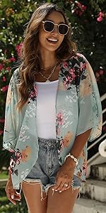  Mint Green Floral Kimono Cardigan Loose Short Sleeve Shawl Chiffon Casual Beach Cover Up