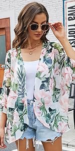 Floral Printed Shirt Kimono Summer Short Sleeve Shawl Chiffon Lightweight Cardigan Blouse Top