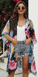 Women Lightweight Open Front Splits Cambria Floral Chiffon Kimono Cardigan Beach Wear Cover Up