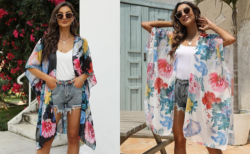 Women Cambria Floral Loose Chiffon Kimono Cardigan Open Front Side Slits Beach Wear Cover Up