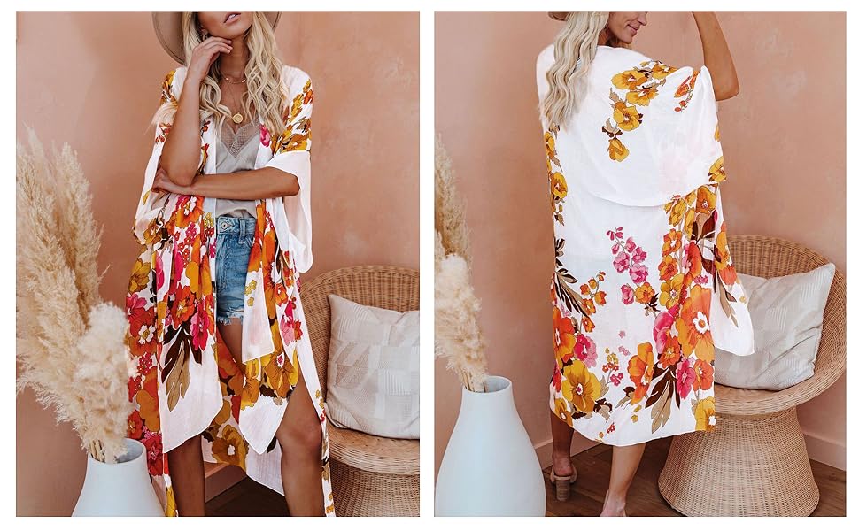 Floral Print White Chiffon Kimono Cardigan Summer Raglan Short Sleeve Beach Wear Outwear Cover Up