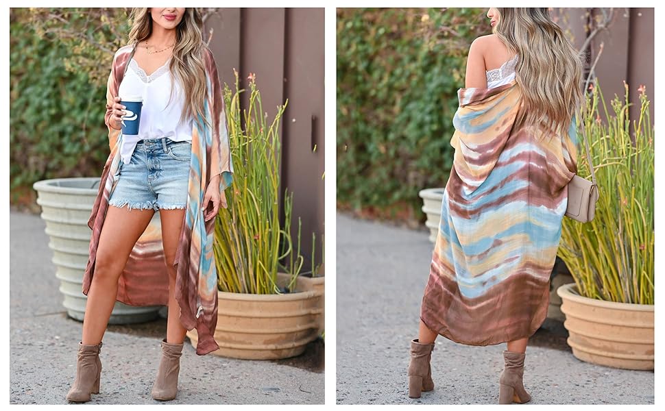 Chunoy Women Raglan Sleeve Tie Dye Striped Long Chiffon Kimono Cardigan Beach Wear Cover Up