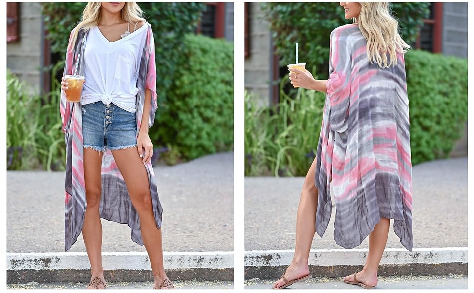 Chunoy Women Tie Dye Striped Print Chiffon Kimono Cover Up Lightweight Loose Open Front Cardigan