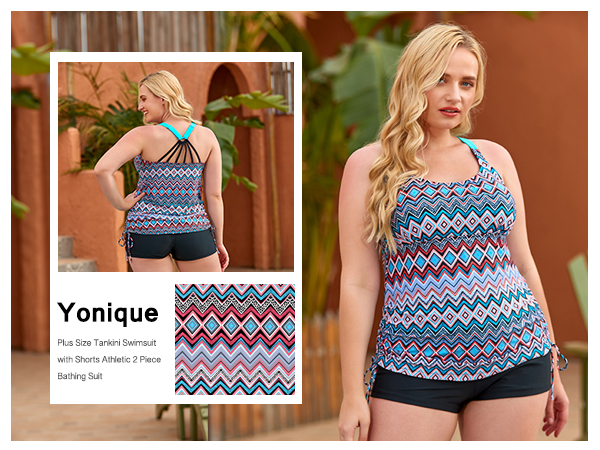 Yonique Women Plus Size Tankini Swimsuit Geometric Bathing Suit Top with Shorts