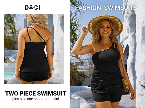 Daci Plus Size One Shoulder Tankini with Shorts