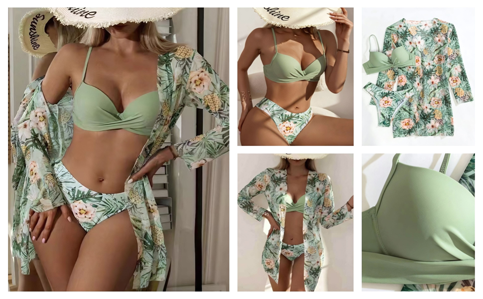 Women''s 3 Piece Swimsuits Push Up Bikini Sets Beach Long Sleeve Bathing Suits with Kimono Cover Up