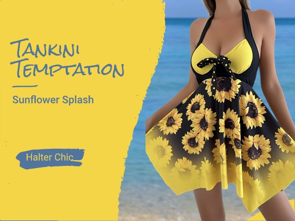 SG 202231 Versatile and Trendy: Polka Dots Halter Swimdress Tankini with Sunflower Print