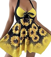 SG 202231 Women''s Halter Polka Dots Sunflower Print Swimdress Tankini Swimsuit