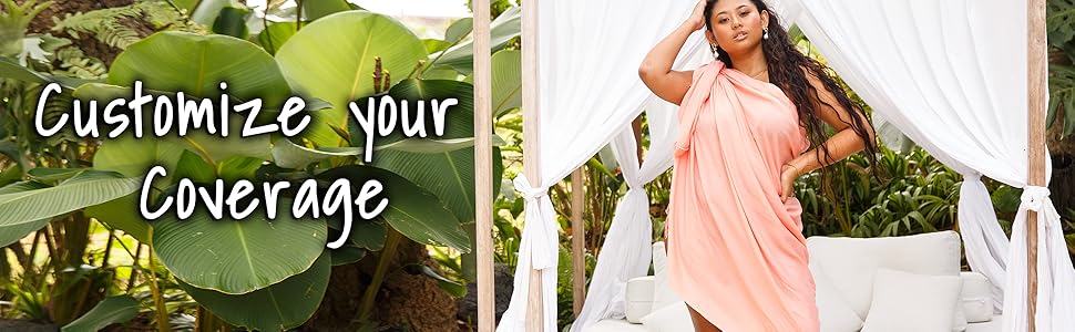 woman wears coral plus size shu-shi sarong in tropical location text:Customize your Coverage