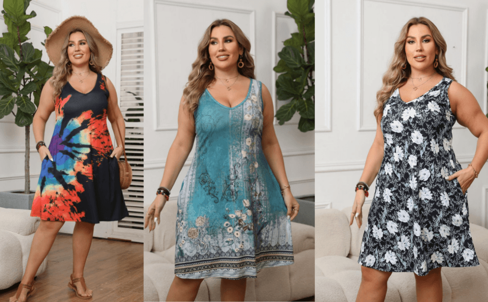 Women Plus Size V-neck Sundress with Pockets 