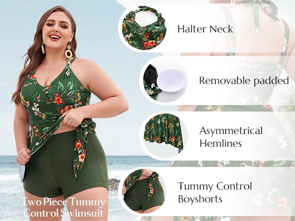 Women Plus Size 2 Piece Swimsuits Flowy Asymmetrical Hem Swim Dress with Shorts