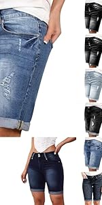 Bermuda Jean Shorts for Women Knee Length Plus Size High Waist Ripped Denim Shorts