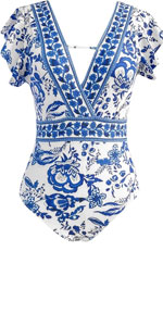 High Cut One Piece Swimsuit Women Tummy Control Blue and White Porcelain Print