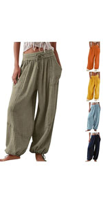 Womens Baggy Harem Pants Drawstring Cotton Linen Wide Leg Capris