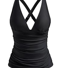 Dipinon womens black v neck ruched tummy control tankini top bathing suit top no bottom swim tops