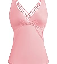 Dipinon womens pink v neck ruched tummy control tankini top bathing suit top no bottom swim tops