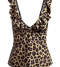 Dipinon womens leopard v neck ruffle tummy control tankini top bathing suit top no bottoms