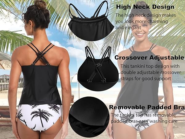 Dipinon women high neck tankini top bathing suit tops swimsuits tankini crossover adjustable straps