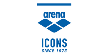 arena icons logo in blue on white background, fitness and racing swimwear, accessories, athleisure