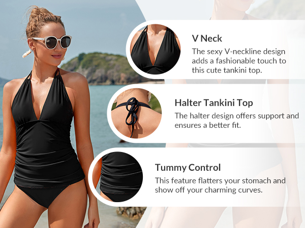 ruched black tummy control tankini black tankini top for women v neck ruched slimming built in bra