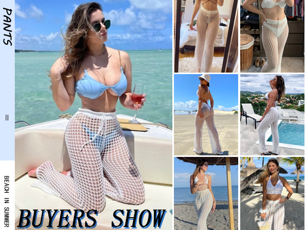 Womens Crochet Net Hollow Out Beach Pants Bathing Suit Bikini Swimsuit Cover Up Pants