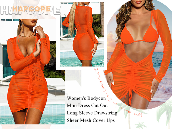 HAPCOPE Women''s Bodycon Mini Dress Cut Out Long Sleeve Drawstring Sheer Mesh Cover Ups