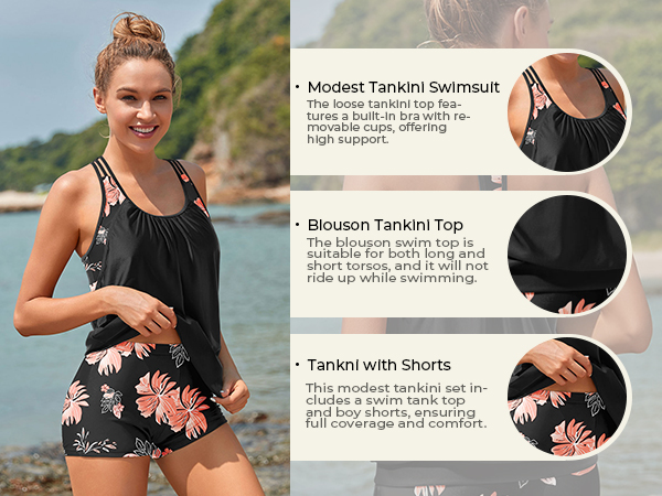 Two Piece Tankini Bathing Suits T-Back Blouson Swim Tops with Boy Shorts Women Swimsuits Swimwear