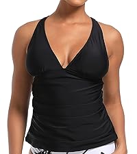 Dipinon womens black v neck ruched tummy control tankini top bathing suit top no bottom swim tops