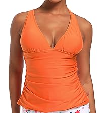 Dipinon womens orange v neck ruched tummy control tankini top bathing suit top no bottom swim tops