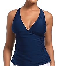 Dipinon womens blue v neck ruched tummy control tankini top bathing suit top no bottom swim tops