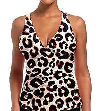 Dipinon womens leopard v neck ruched tummy control tankini top bathing suit top no bottom swim tops