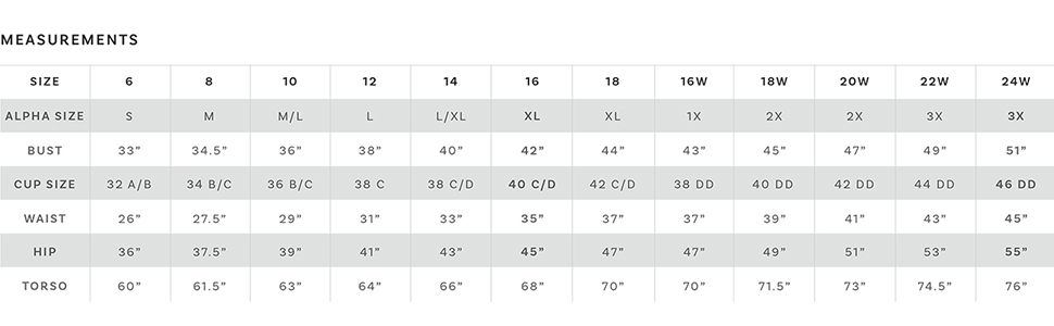 Maxine of Hollywood Swimwear Size Chart/Measurement Guide