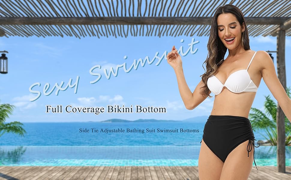 black modest swimsuit bottoms full coverage high waisted side tie bikini bottom