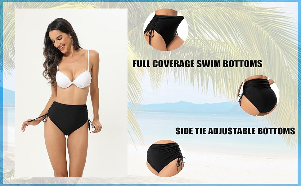 black modest swimsuit bottoms full coverage high waisted side tie bikini bottom