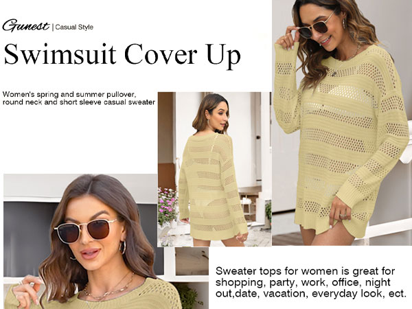 Women Swimsuit Crochet Swim Cover Up Hollow Out Oversized Long Sleeve Mesh Top 2024 Summer Outfits