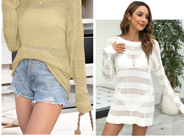 Women Swimsuit Crochet Swim Cover Up Hollow Out Oversized Long Sleeve Mesh Top 2024 Summer Outfits