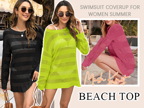 Women Swimsuit Crochet Swim Cover Up Hollow Out Oversized Long Sleeve Mesh Top 2024 Summer Outfits