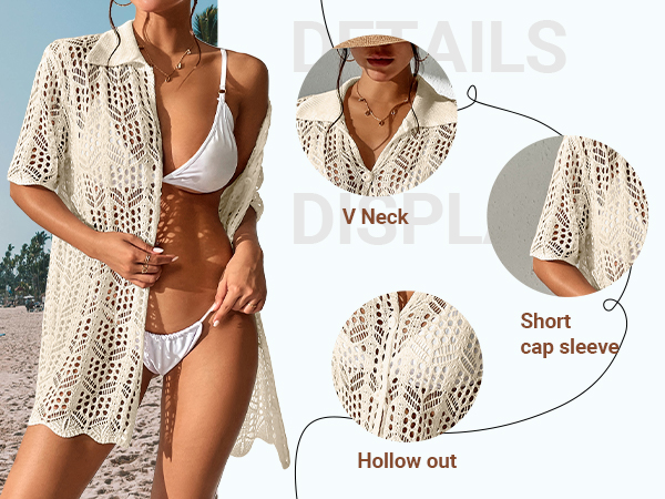 crochet button front hollow out collared button down beach cover ups loose coverups dress