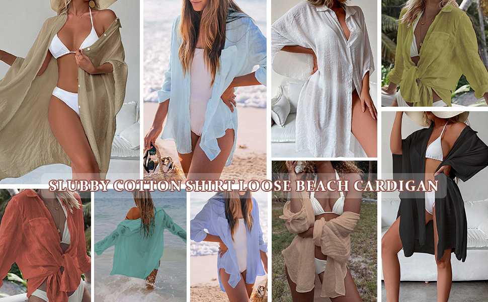 Women Swimsuit Coverup 3/4 Sleeve Linen Shirts Casual Button Down Beach Cover Up 