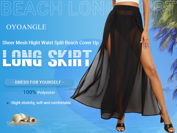 Women''s Sheer Mesh Hight Waist Split Beach Cover Up Long Skirt