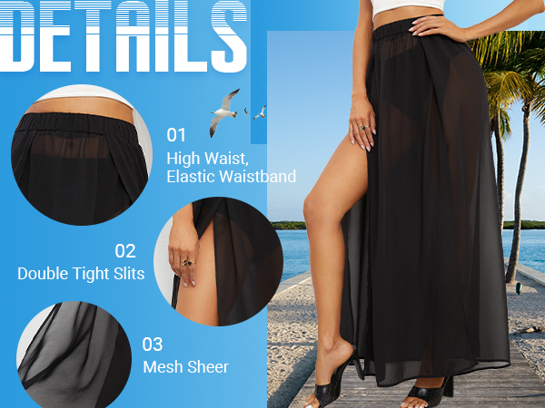 Women''s Sheer Mesh Hight Waist Split Beach Cover Up Long Skirt