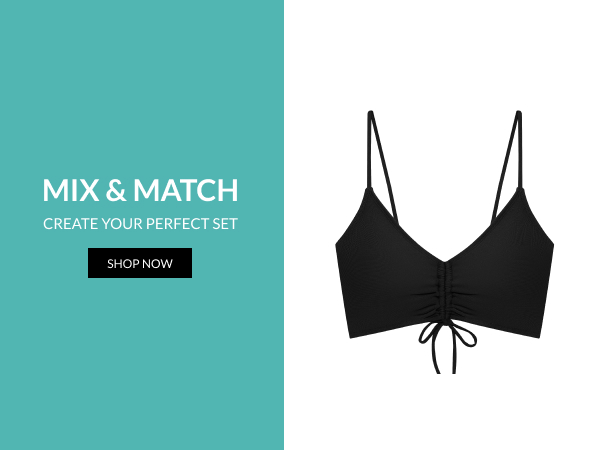 Mix & Match, create your perfect style. Featuring black shirred tie midkini top