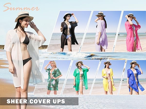 sheer cover up Women beach coverup white black palm leaf kimono floral print open front cardigan