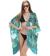 Women''s Floral Kimono Cover Up Lightweight Leopard Chiffon Beachwear Green Leaf